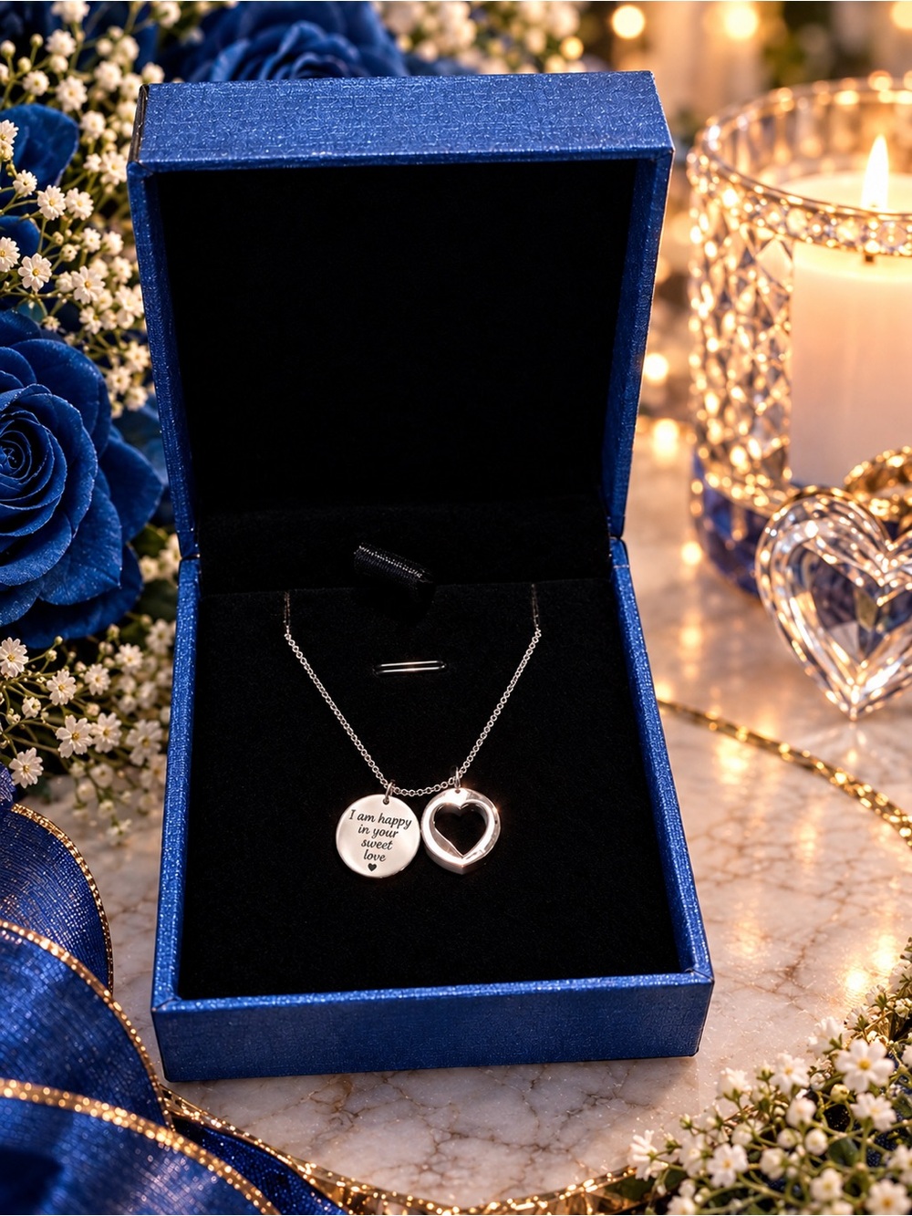 .925 Silver Heart Pendant Necklace - 'I am happy in your sweet love'